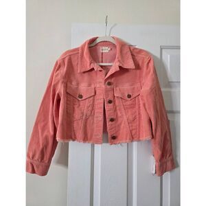 Alice & Olivia Peach Corduroy Cropped Button-Up "Kendall" Jacket w/ Fringe Hem S